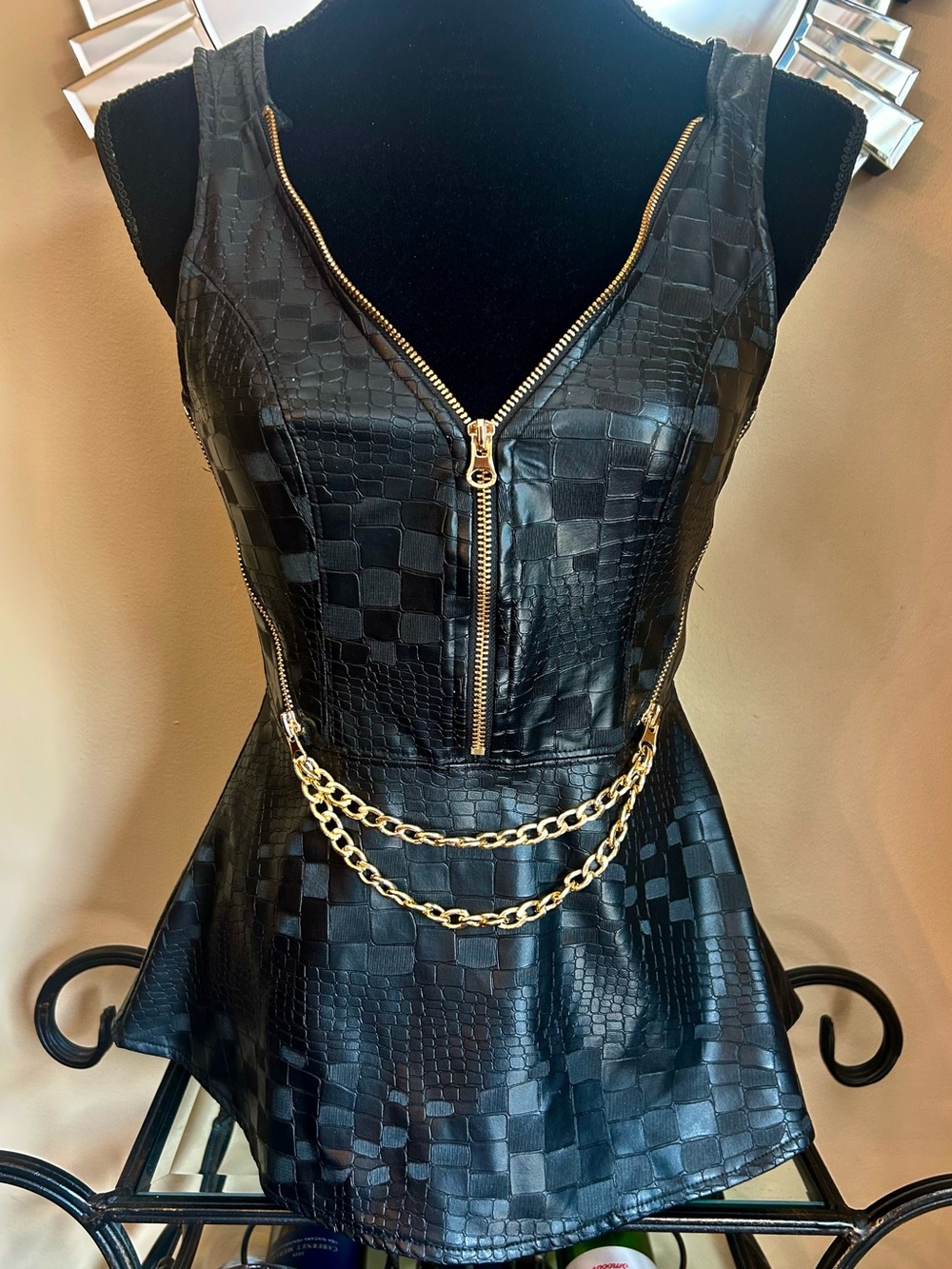 bebe Black Faux Leather Mini Dress with Gold Chain & Zipper